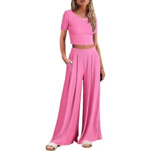 imageEkouaer Womens 2 Piece Lounge Sets Short Sleeve Pajama Set Ribbed Knit Crop Top Wide Leg Pants Loungewear SXXLRose Red