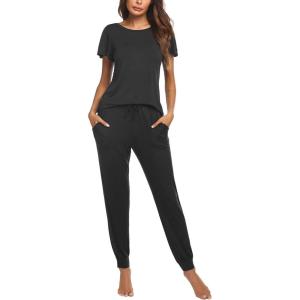 imageEkouaer Womens Pajama Sets Short Sleeve Sleepwear and Long Pants Soft Sleep Lounge Sets Joggers Pj Sets with Pockets01 Black