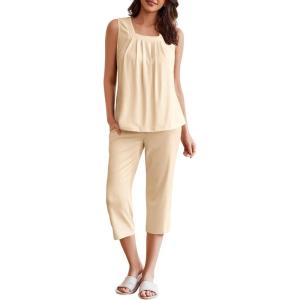 imageEkouaer Womens Pajamas Set Pleated Square Neck Sleeveless Tops and Capri Pants Lounge Sets 2 Piece Summer OutfitsBeige
