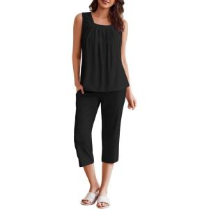 imageEkouaer Womens Pajamas Set Pleated Square Neck Sleeveless Tops and Capri Pants Lounge Sets 2 Piece Summer OutfitsBlack