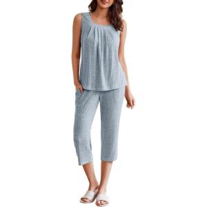 imageEkouaer Womens Pajamas Set Pleated Square Neck Sleeveless Tops and Capri Pants Lounge Sets 2 Piece Summer OutfitsBlue