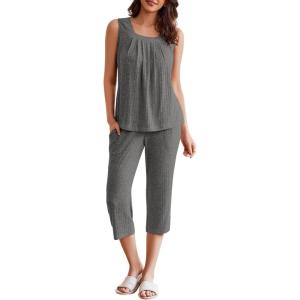 imageEkouaer Womens Pajamas Set Pleated Square Neck Sleeveless Tops and Capri Pants Lounge Sets 2 Piece Summer OutfitsGray