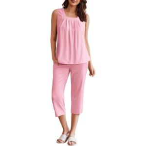imageEkouaer Womens Pajamas Set Pleated Square Neck Sleeveless Tops and Capri Pants Lounge Sets 2 Piece Summer OutfitsPink
