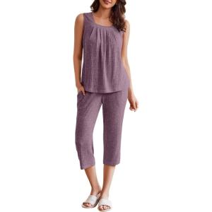 imageEkouaer Womens Pajamas Set Pleated Square Neck Sleeveless Tops and Capri Pants Lounge Sets 2 Piece Summer OutfitsPurple