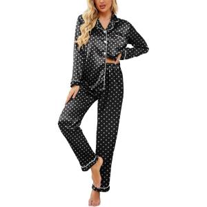 imageEkouaer Womens Satin Pajama Set Classic Pattern Silky Pj Sets Button Down Sleepwear LoungewearBlack Dots