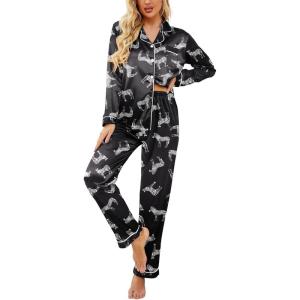 imageEkouaer Womens Satin Pajama Set Classic Pattern Silky Pj Sets Button Down Sleepwear LoungewearBlack Zebra