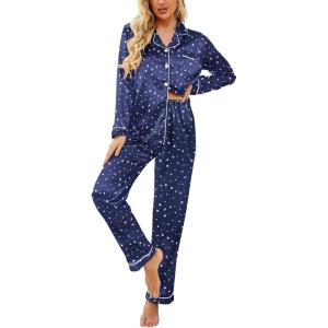 imageEkouaer Womens Satin Pajama Set Classic Pattern Silky Pj Sets Button Down Sleepwear LoungewearBlue Star Moon