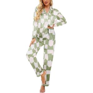 imageEkouaer Womens Satin Pajama Set Classic Pattern Silky Pj Sets Button Down Sleepwear LoungewearGeometry