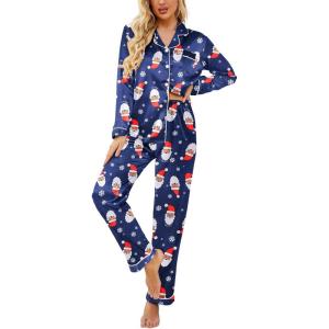 imageEkouaer Womens Satin Pajama Set Classic Pattern Silky Pj Sets Button Down Sleepwear LoungewearNavy Christmas