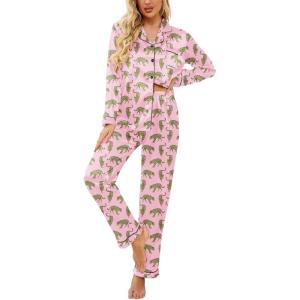imageEkouaer Womens Satin Pajama Set Classic Pattern Silky Pj Sets Button Down Sleepwear LoungewearPink Leopard