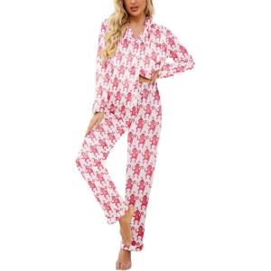 imageEkouaer Womens Satin Pajama Set Classic Pattern Silky Pj Sets Button Down Sleepwear LoungewearPink Monkey