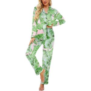 imageEkouaer Womens Satin Pajama Set Classic Pattern Silky Pj Sets Button Down Sleepwear LoungewearPink Palm Leaves