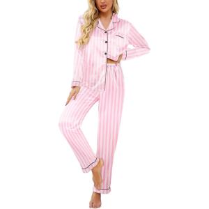 imageEkouaer Womens Satin Pajama Set Classic Pattern Silky Pj Sets Button Down Sleepwear LoungewearPink Stripes
