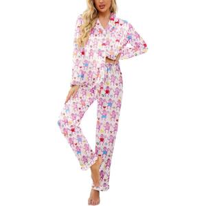 imageEkouaer Womens Satin Pajama Set Classic Pattern Silky Pj Sets Button Down Sleepwear LoungewearPurple Monkey