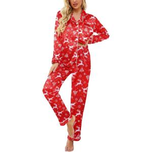 imageEkouaer Womens Satin Pajama Set Classic Pattern Silky Pj Sets Button Down Sleepwear LoungewearRed Christmas