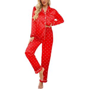 imageEkouaer Womens Satin Pajama Set Classic Pattern Silky Pj Sets Button Down Sleepwear LoungewearRed Heart