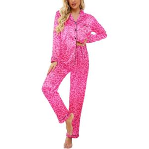 imageEkouaer Womens Satin Pajama Set Classic Pattern Silky Pj Sets Button Down Sleepwear LoungewearRose Leopard