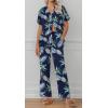 imageEkouaer Women Pajamas Set Short Sleeve Button Down Sleepwear Soft Pjs Loungewear Pants Set SXXLNavy Blue Leaf