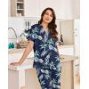 imageEkouaer Women Pajamas Set Short Sleeve Button Down Sleepwear Soft Pjs Loungewear Pants Set SXXLNavy Blue Leaf