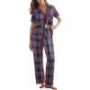 imageEkouaer Womens Pajamas Set Button Down PJs 2 Piece Lounge Set Soft Nightwear Short Sleeve Sleepwear with PocketsNavy Blue Plaid