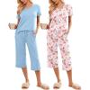 imageEkouaer 2 Pack Womens Pajamas Set Short Sleeve Sleepwear Capri Pants Pjs Soft Loungewear with PocketsFloral Print  Blue