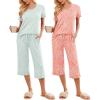 imageEkouaer 2 Pack Womens Pajamas Set Short Sleeve Sleepwear Capri Pants Pjs Soft Loungewear with PocketsLeopardDaisies