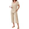 imageEkouaer Pajama Set for Women Short Sleeve Top With Capri Pants Pjs 2 Piece O Neck Loungewear Soft Sleepwear with PocketsKhaki