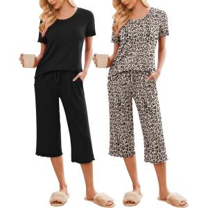 imageEkouaer 2 Pack Womens Pajamas Set Short Sleeve Sleepwear Capri Pants Pjs Soft Loungewear with PocketsBlack  Leopard