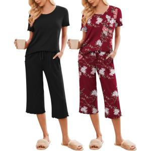 imageEkouaer 2 Pack Womens Pajamas Set Short Sleeve Sleepwear Capri Pants Pjs Soft Loungewear with PocketsBlack  Wine Flower