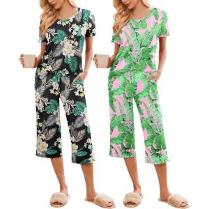 imageEkouaer 2 Pack Womens Pajamas Set Short Sleeve Sleepwear Capri Pants Pjs Soft Loungewear with PocketsBlack Flower  Green Leaf