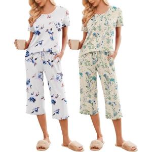 imageEkouaer 2 Pack Womens Pajamas Set Short Sleeve Sleepwear Capri Pants Pjs Soft Loungewear with PocketsBlue FlowerYellow Floral