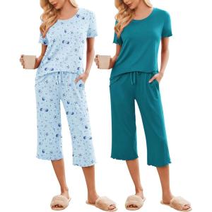 imageEkouaer 2 Pack Womens Pajamas Set Short Sleeve Sleepwear Capri Pants Pjs Soft Loungewear with PocketsBlue GreenMoon