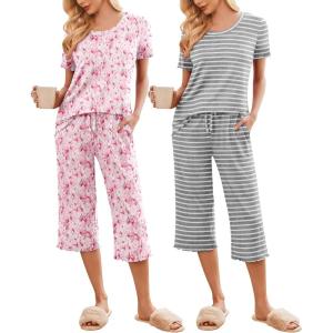 imageEkouaer 2 Pack Womens Pajamas Set Short Sleeve Sleepwear Capri Pants Pjs Soft Loungewear with PocketsButterfly  Gray Stripe