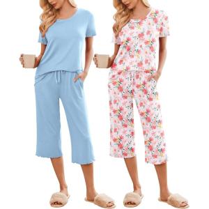 imageEkouaer 2 Pack Womens Pajamas Set Short Sleeve Sleepwear Capri Pants Pjs Soft Loungewear with PocketsFloral Print  Blue