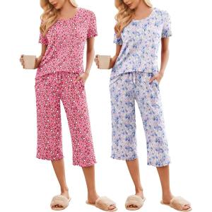 imageEkouaer 2 Pack Womens Pajamas Set Short Sleeve Sleepwear Capri Pants Pjs Soft Loungewear with PocketsLeopard Butterfly Print