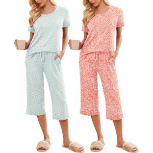 imageEkouaer 2 Pack Womens Pajamas Set Short Sleeve Sleepwear Capri Pants Pjs Soft Loungewear with PocketsLeopardDaisies