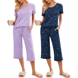 imageEkouaer 2 Pack Womens Pajamas Set Short Sleeve Sleepwear Capri Pants Pjs Soft Loungewear with PocketsLilac DotsNavy Star