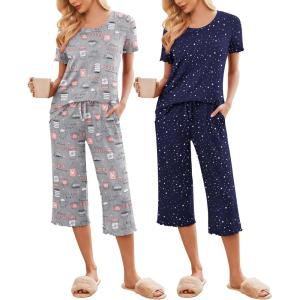 imageEkouaer 2 Pack Womens Pajamas Set Short Sleeve Sleepwear Capri Pants Pjs Soft Loungewear with PocketsNavy Star  Coffee