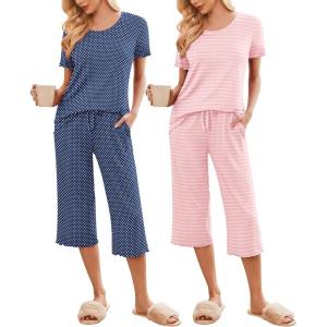 imageEkouaer 2 Pack Womens Pajamas Set Short Sleeve Sleepwear Capri Pants Pjs Soft Loungewear with PocketsPink StripeNavy Dots