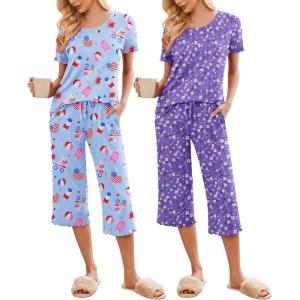 imageEkouaer 2 Pack Womens Pajamas Set Short Sleeve Sleepwear Capri Pants Pjs Soft Loungewear with PocketsPurple Floral Cartoon