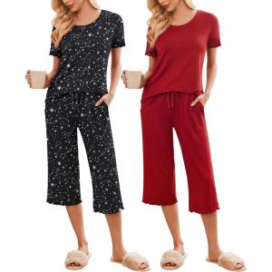 imageEkouaer 2 Pack Womens Pajamas Set Short Sleeve Sleepwear Capri Pants Pjs Soft Loungewear with PocketsRedBlack Star