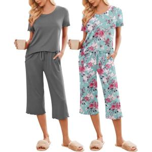 imageEkouaer 2 Pack Womens Pajamas Set Short Sleeve Sleepwear Capri Pants Pjs Soft Loungewear with PocketsRose Print  Grey