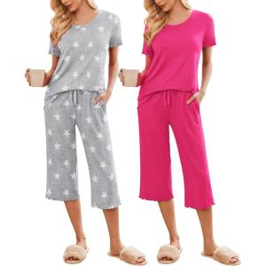 imageEkouaer 2 Pack Womens Pajamas Set Short Sleeve Sleepwear Capri Pants Pjs Soft Loungewear with PocketsRose RedGrey Stars