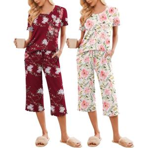 imageEkouaer 2 Pack Womens Pajamas Set Short Sleeve Sleepwear Capri Pants Pjs Soft Loungewear with PocketsWine Flower  Pink Floral