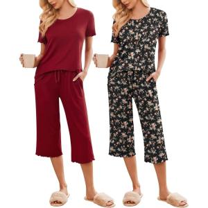 imageEkouaer 2 Pack Womens Pajamas Set Short Sleeve Sleepwear Capri Pants Pjs Soft Loungewear with PocketsWine Red  Floral