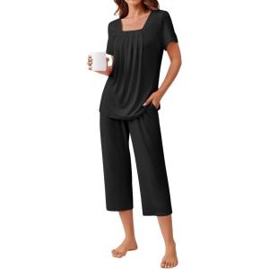 imageEkouaer Pajama Set for Women Short Sleeve Top With Capri Pants Pjs 2 Piece O Neck Loungewear Soft Sleepwear with PocketsBlack