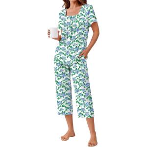 imageEkouaer Pajama Set for Women Short Sleeve Top With Capri Pants Pjs 2 Piece O Neck Loungewear Soft Sleepwear with PocketsBlue Flower