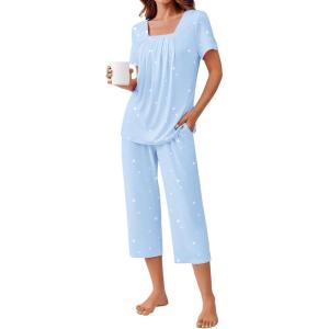 imageEkouaer Pajama Set for Women Short Sleeve Top With Capri Pants Pjs 2 Piece O Neck Loungewear Soft Sleepwear with PocketsBlue White Stars