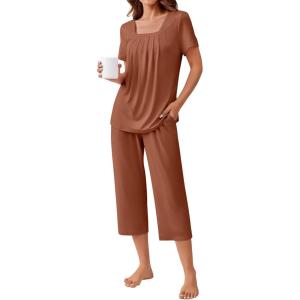 imageEkouaer Pajama Set for Women Short Sleeve Top With Capri Pants Pjs 2 Piece O Neck Loungewear Soft Sleepwear with PocketsBrown