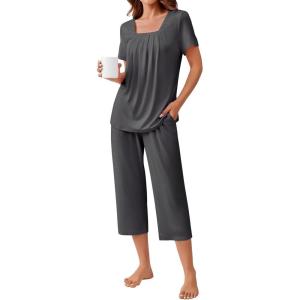 imageEkouaer Pajama Set for Women Short Sleeve Top With Capri Pants Pjs 2 Piece O Neck Loungewear Soft Sleepwear with PocketsDark Grey